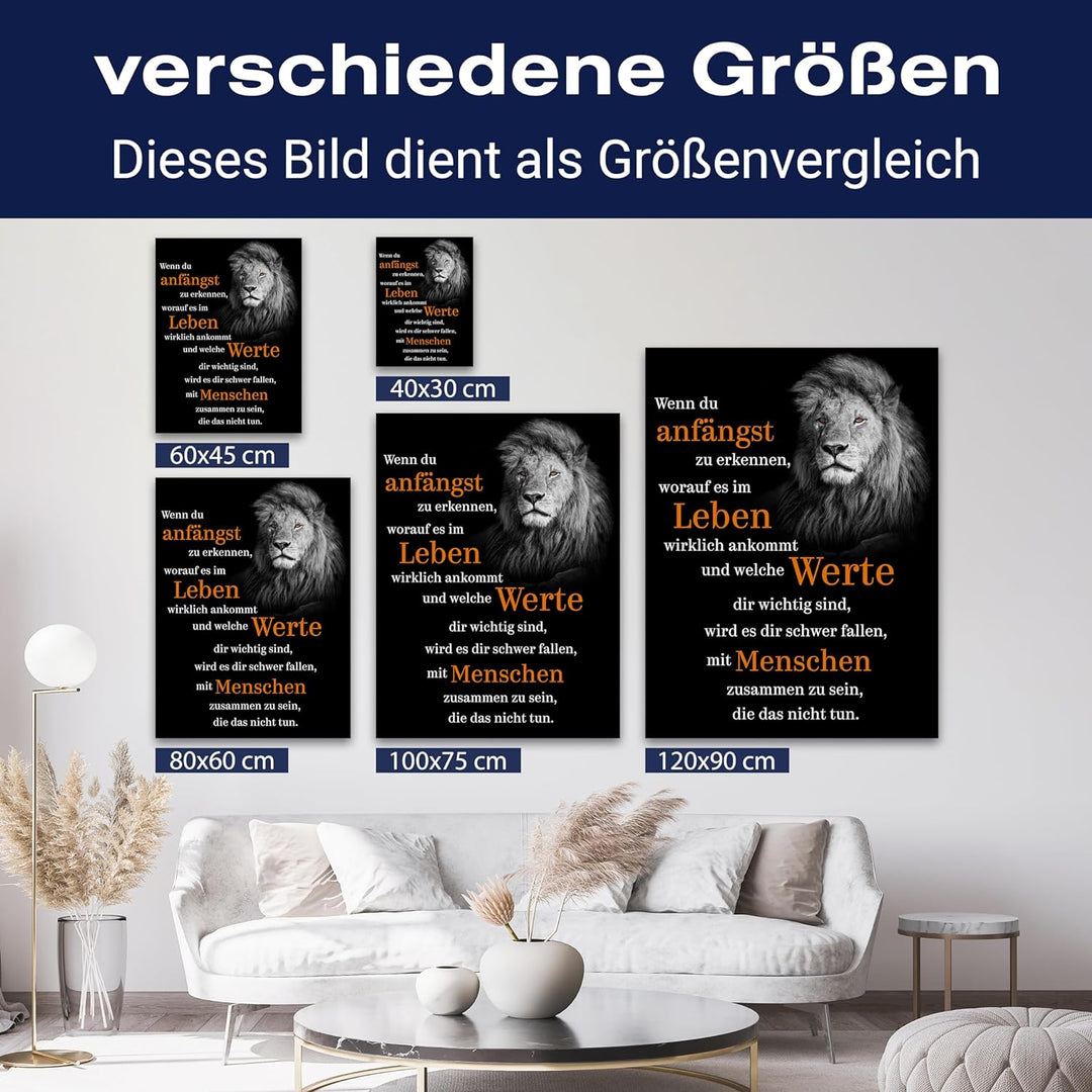 wandmotiv24 Motivations Motiv als Leinwandbild, 100x75cm, Hochformat, welche Werte, Löwe, Orange, Sc
