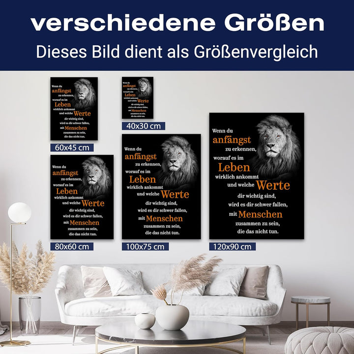 wandmotiv24 Motivations Motiv als Leinwandbild, 100x75cm, Hochformat, welche Werte, Löwe, Orange, Sc