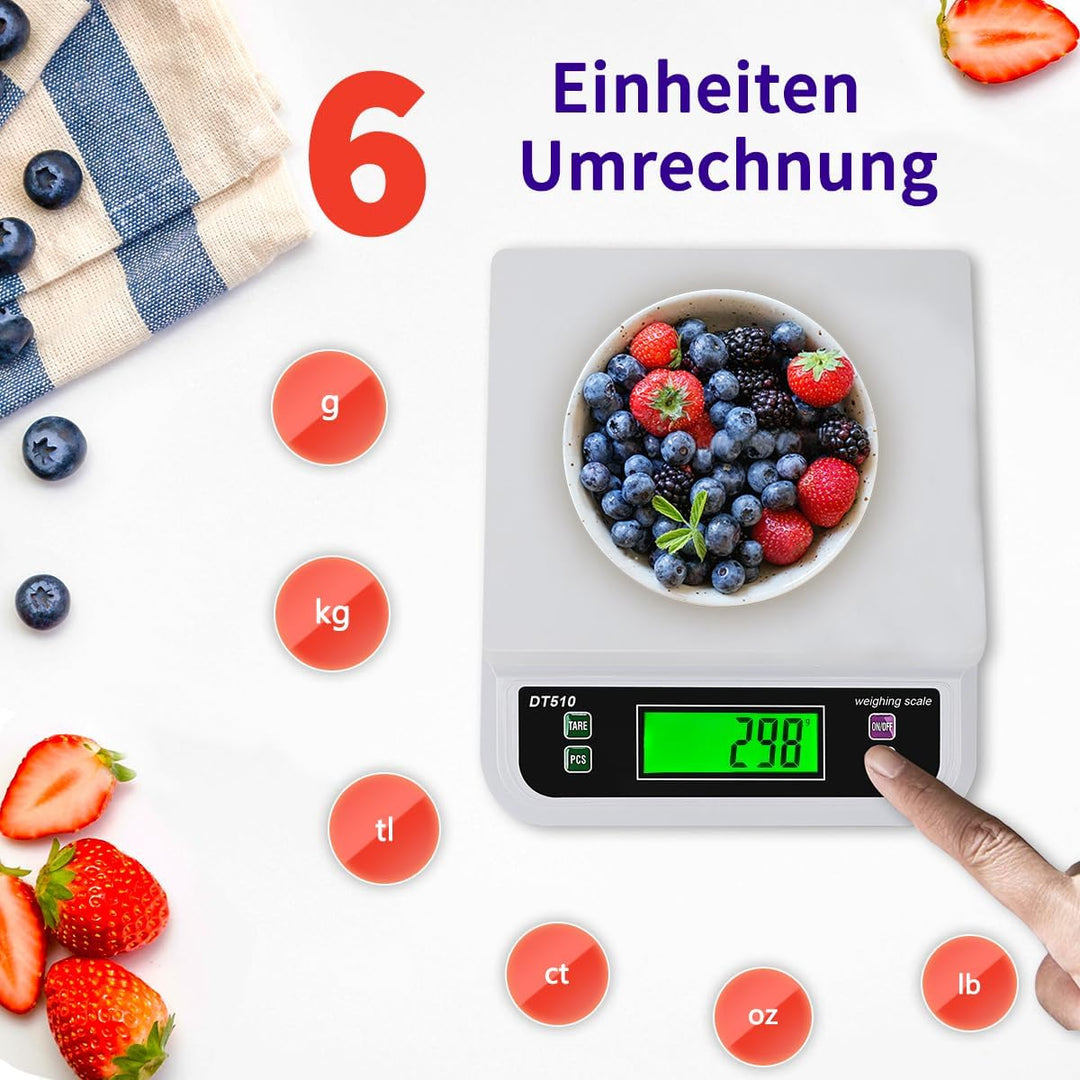 Waage Küchenwaage 30kg/66lb Küchenwaage digital mit 6 Arten Einheiten grossem LCD-Display Digitalwaa
