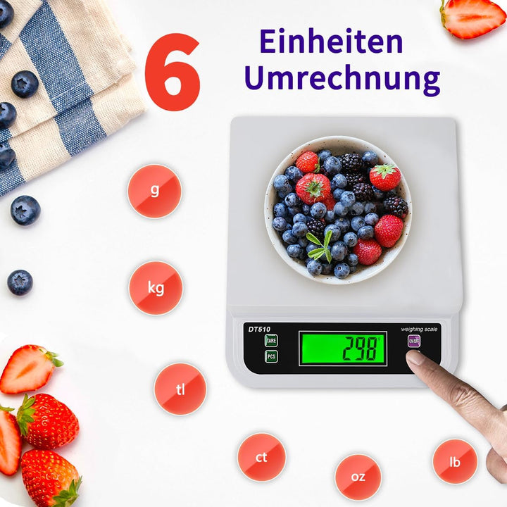 Waage Küchenwaage 30kg/66lb Küchenwaage digital mit 6 Arten Einheiten grossem LCD-Display Digitalwaa