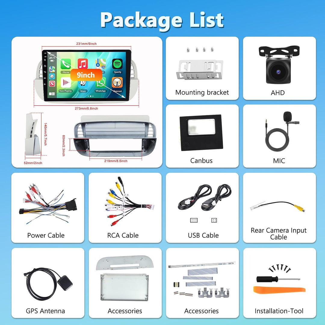 4GB+64GB Autoradio für FIAT 500 2007-2015 Radio mit Carplay, 9 Zoll Bildschirm Wireless Android Auto