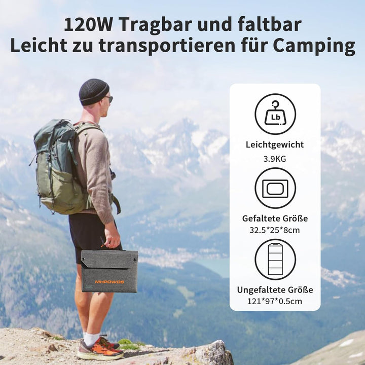 120W Tragbares Solarpanel, 19V Faltbares Solarladegerät Camping | mit USB C, USB A und DC Ausgängen,