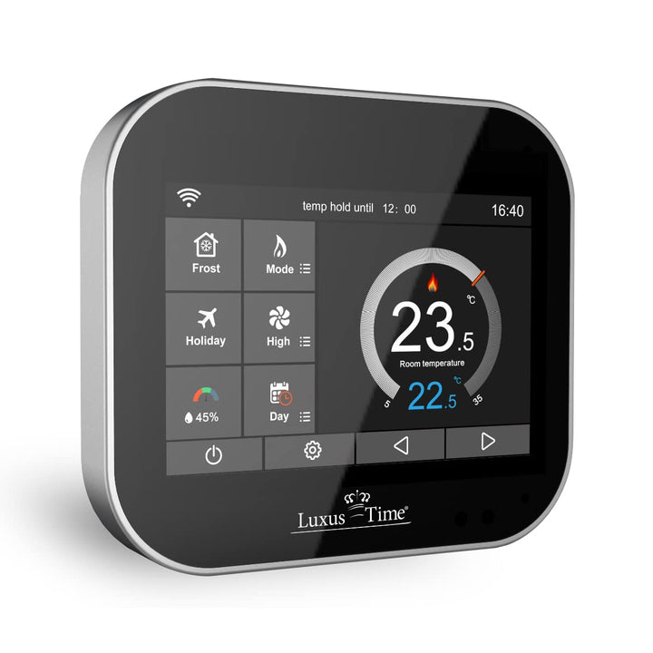 WLAN-fähiges Raumthermostat für elektrische Fussbodenheizungen in Schwarz mit Kindersicherung