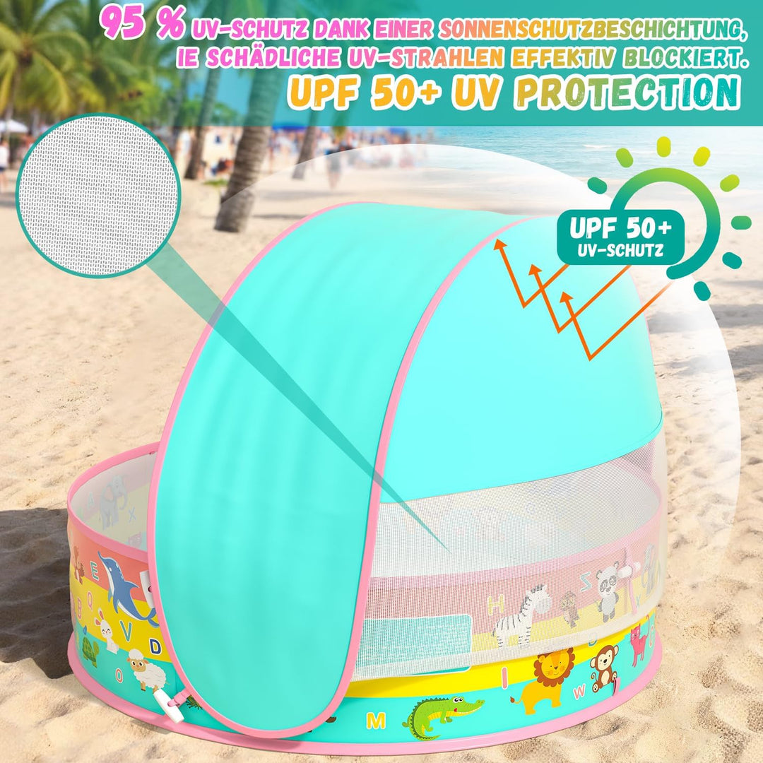 Baby Planschbecken mit Dach, Pop-Up Strandmuschel Baby UV Schutz 50+ mit Aufbewahrungstasche, 4 in 1