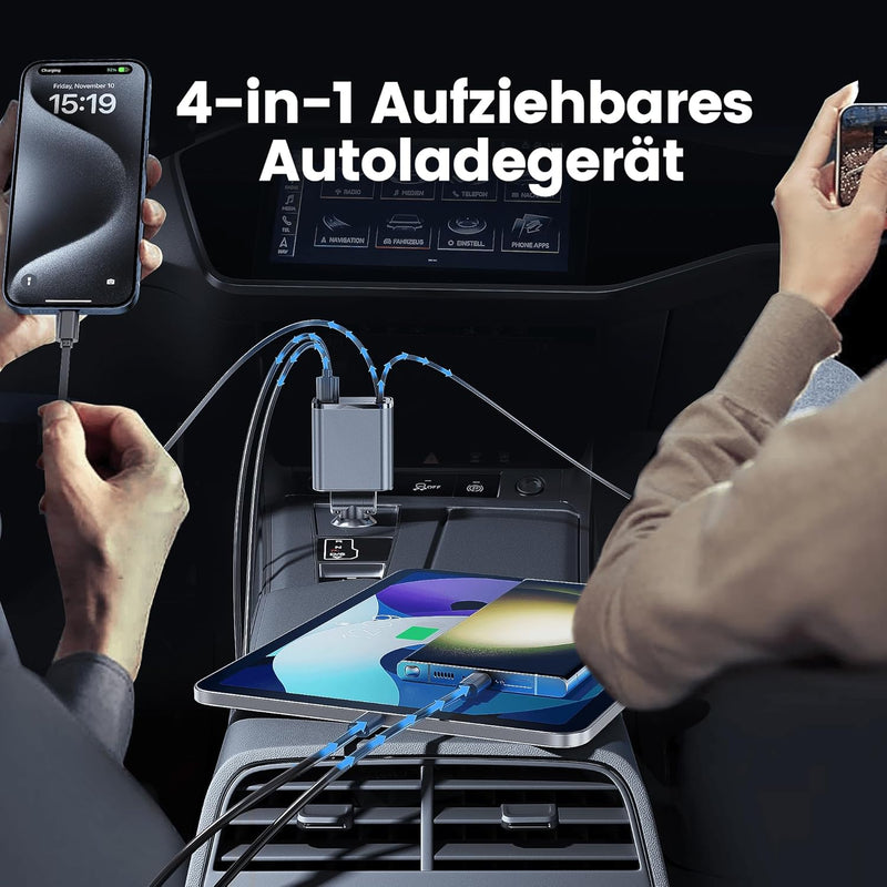 RAMPOW Einziehbares Auto Ladegerät, Autoladegerät Zigarettenanzünder,[65W 4in1] kfz ladegerät USB c,