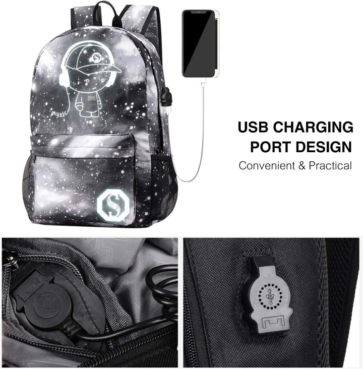 FANDARE Schulrucksack Galaxy Leuchtend Schultasche Junge Mädchen Rucksäcke Schulranzen mit USB Teena