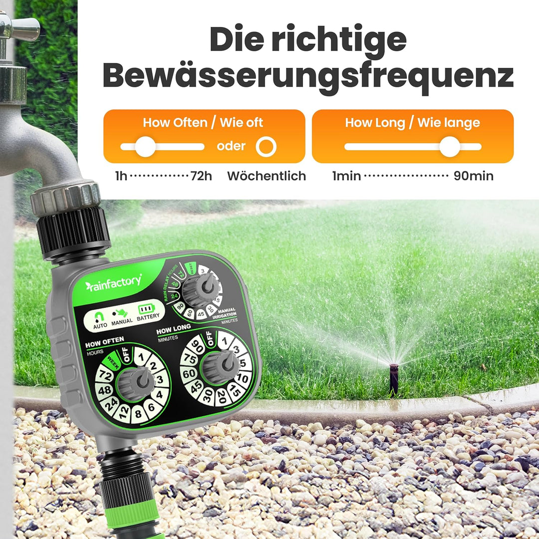 rainfactory Bewässerungscomputer - intuitive 3-Regler Wasserzeitschaltuhr für automatische & manuell