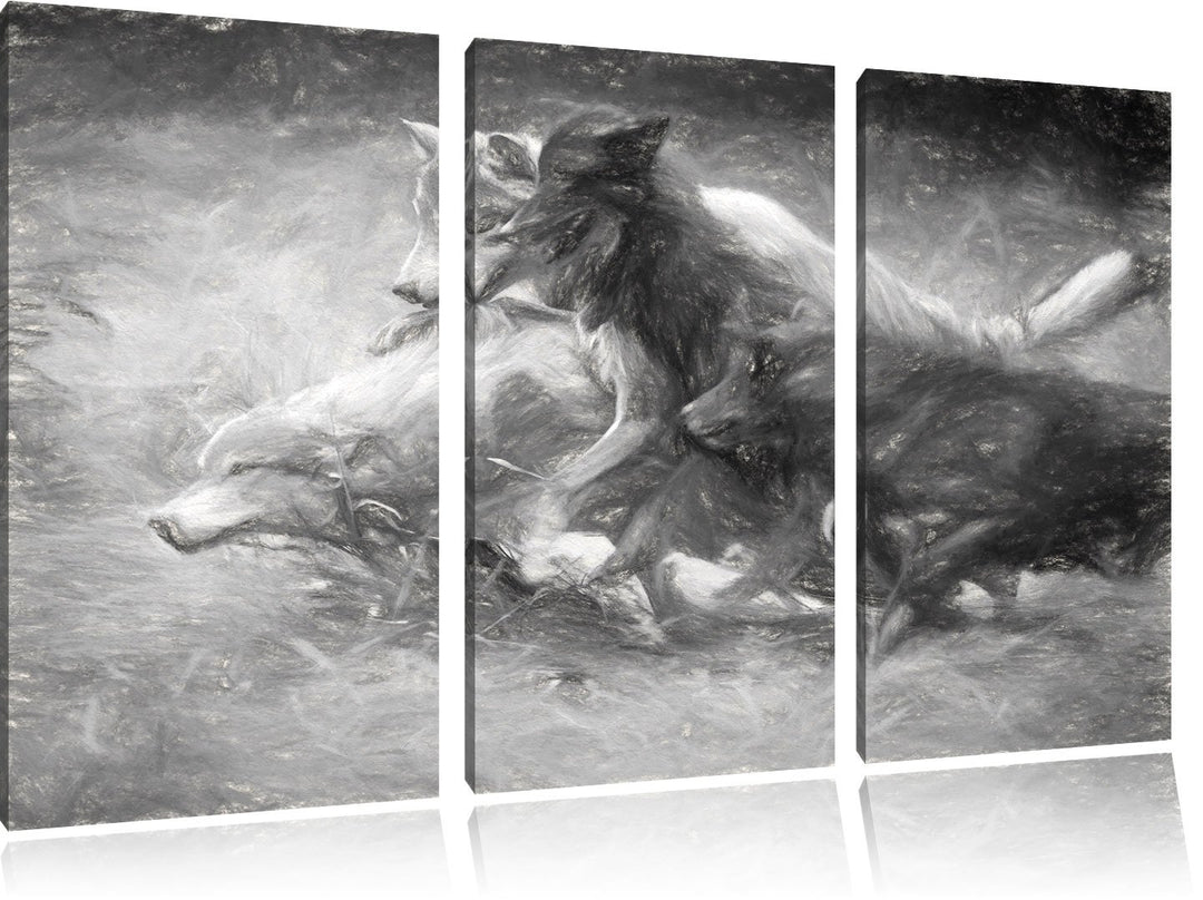 Pixxprint Tobendes Wolfsrudel als Leinwandbild/Grösse: 3 Teilig (120x80) cm/Wandbild/Kunstdruck/fert