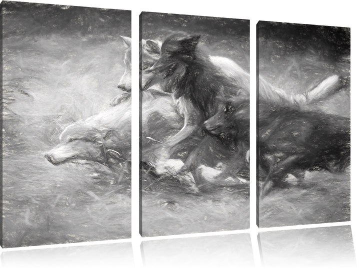 Pixxprint Tobendes Wolfsrudel als Leinwandbild/Grösse: 3 Teilig (120x80) cm/Wandbild/Kunstdruck/fert