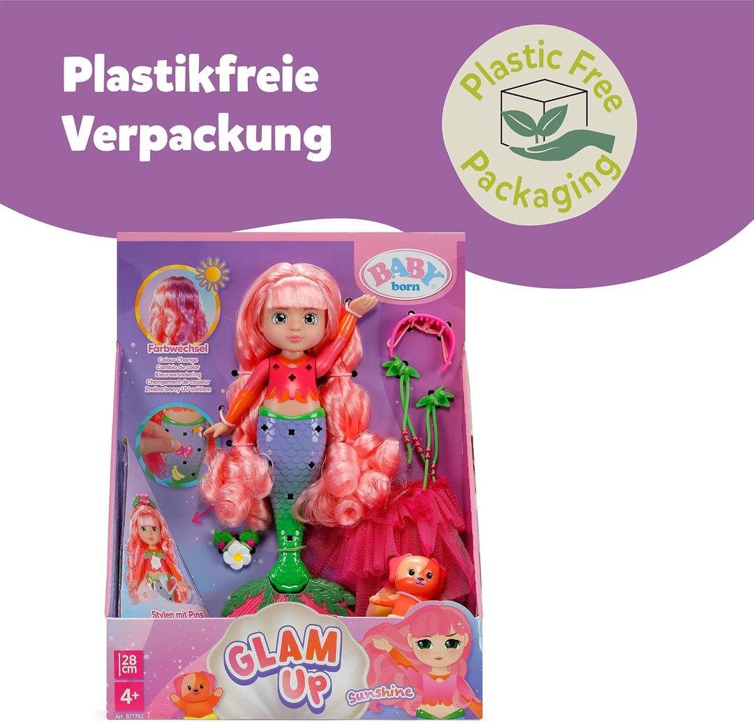 Baby Born Glam Up Sunshine, Meerjungfrau mit Langen rosa Haaren Haaren mit UV-Farbeffekt, zum Stylen