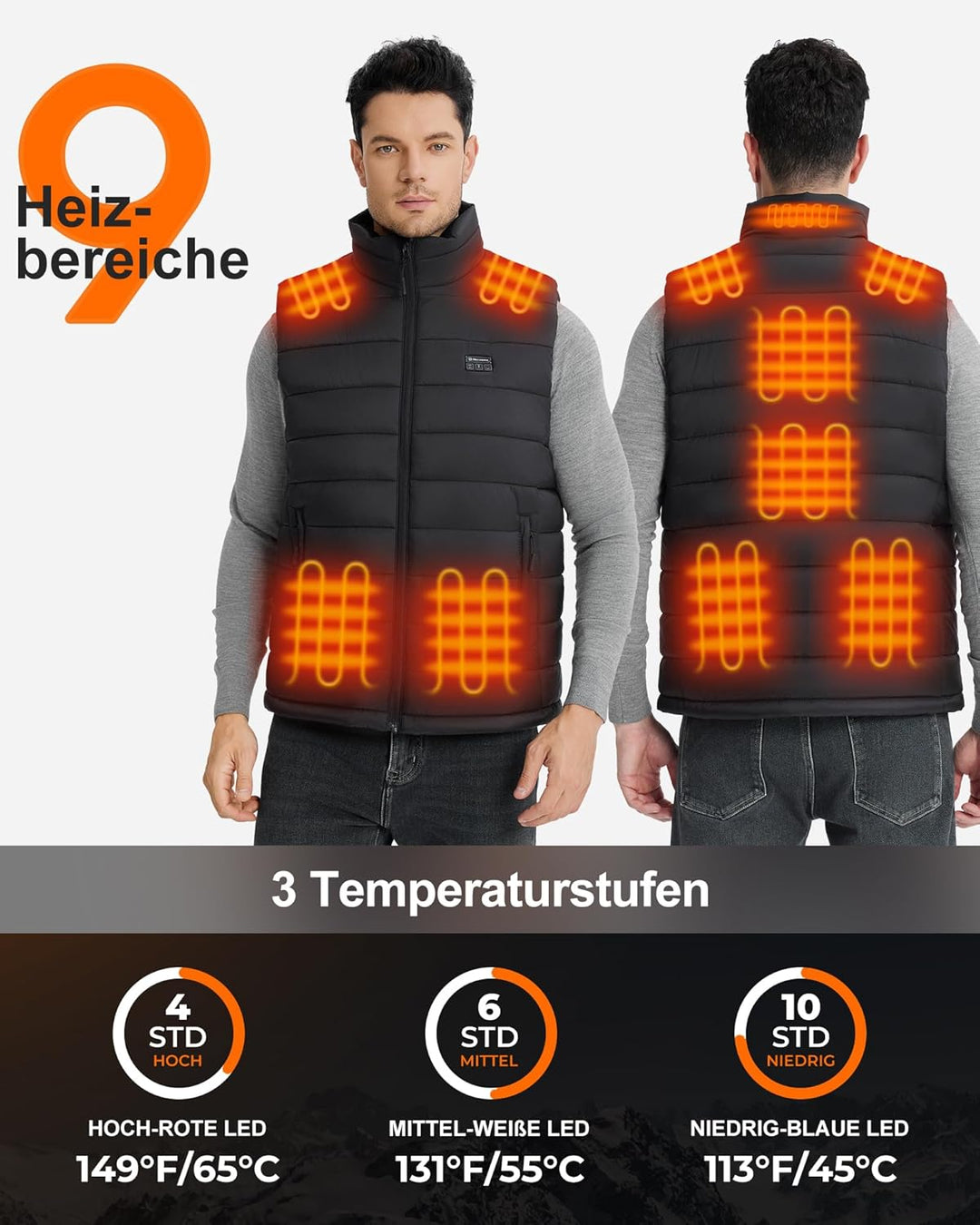 Heizweste Herren mit Powerbank 16000mAh 7.4V, Beheizbare Weste Herren mit 9 Heizzone, Elektrisch Beh