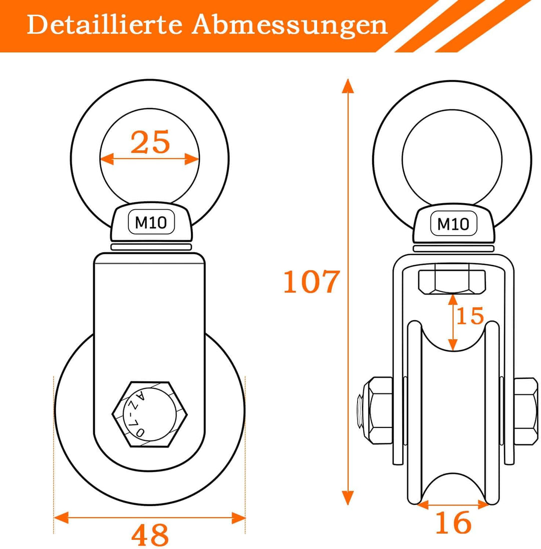 Umlenkrolle Edelstahl 304 für Stahlseil, Umlenkrollen für Seile, Seilrolle mit 2 Kugellager, Tragkra