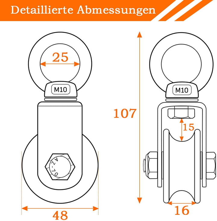 Umlenkrolle Edelstahl 304 für Stahlseil, Umlenkrollen für Seile, Seilrolle mit 2 Kugellager, Tragkra