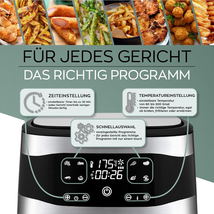 HEINRICHS Heissluftfritteuse Air Fryer aus Edelstahl mit digitalen LED-Display LCD Touch Display, 8