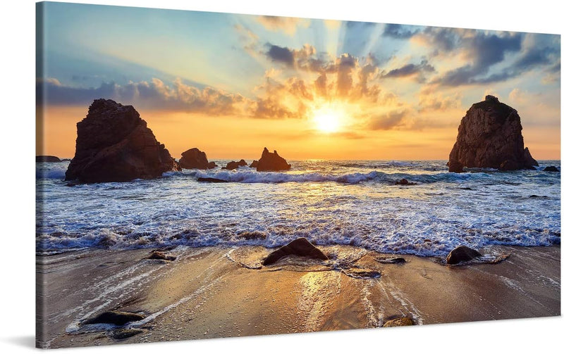 PICANOVA – Bild auf Leinwand Felsiger Strand Sonnenuntergang 100x50cm – Leinwandbild – Premium Leinw