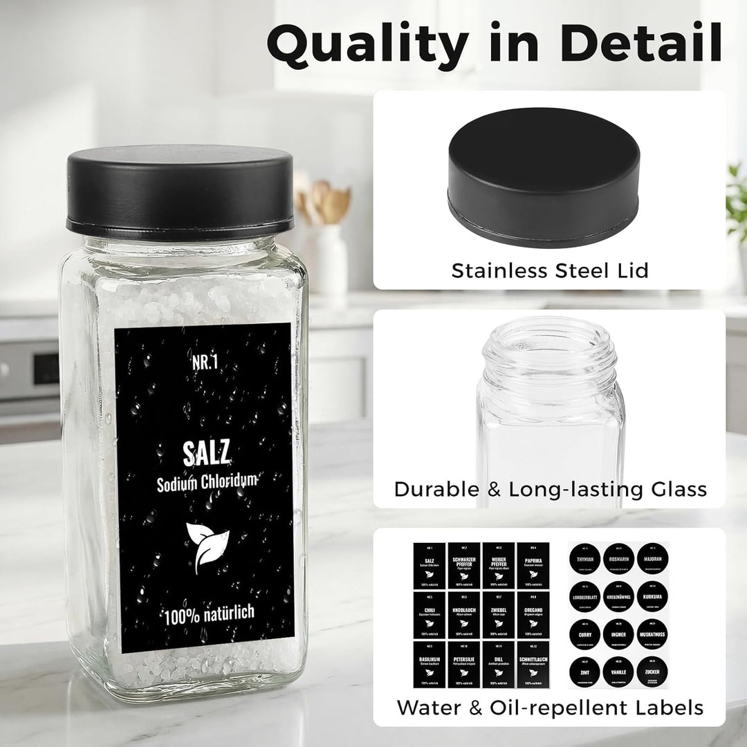 12pcs Gewürzgläser Eckig mit Edelstahldeckel, 120ml Glasbehälter mit Streueinsatz, Luftdichte Gewürz