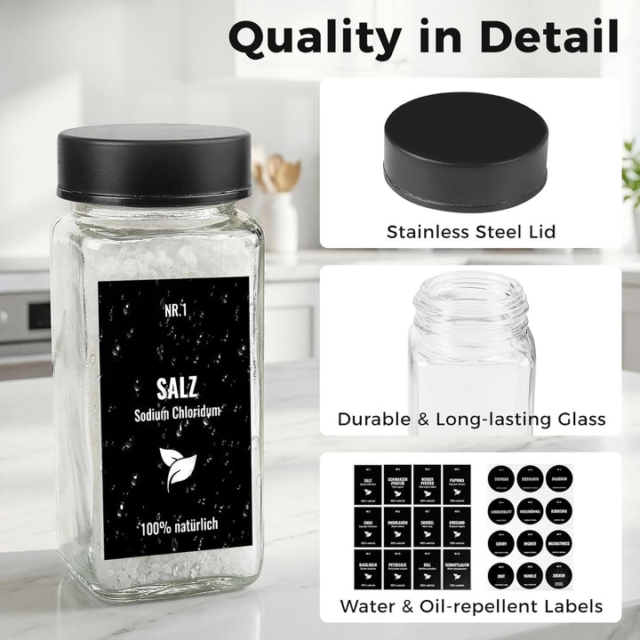 12pcs Gewürzgläser Eckig mit Edelstahldeckel, 120ml Glasbehälter mit Streueinsatz, Luftdichte Gewürz