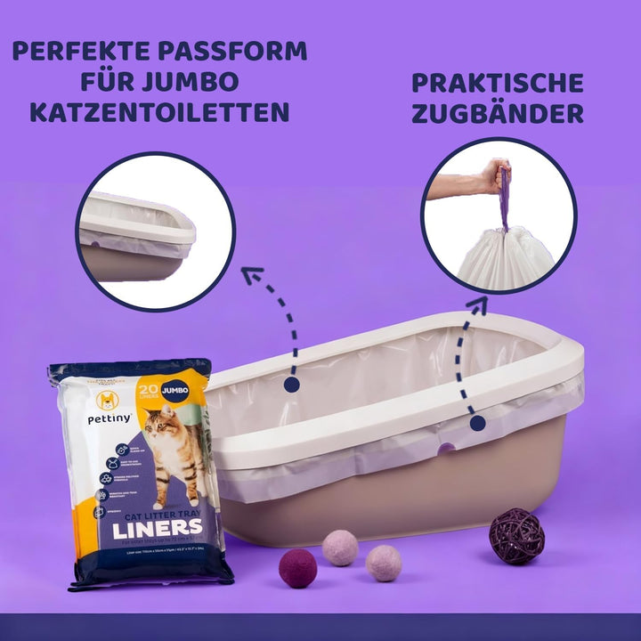 Pettiny Jumbo Katzentoilettenbeutel mit Zugbändern – 20er Pack Kratzfeste Tüten für Riesige Katzento