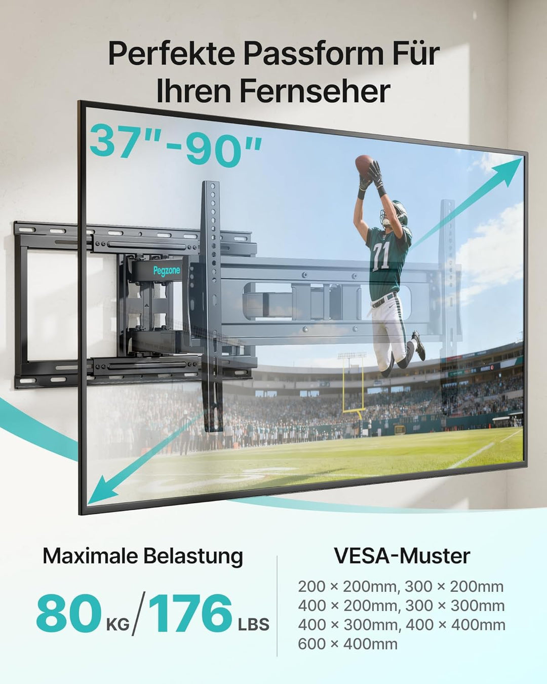 PEGZONE TV Wandhalterung für 37-90 Zoll Fernseher bis 80kg, Doppelarm Wandhalterung Fernseher Flach
