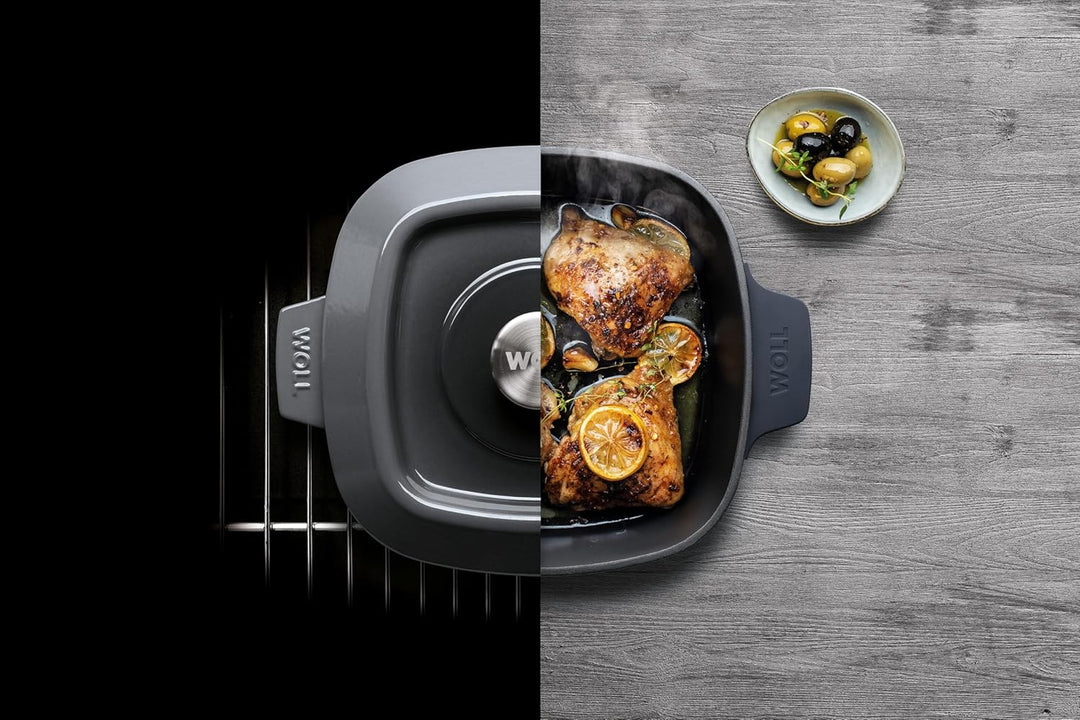 Woll Iron Grillpfanne viereckig mit Rillen, inkl. Steakpresse und Silikongriffen - Induktiv -, 28 x