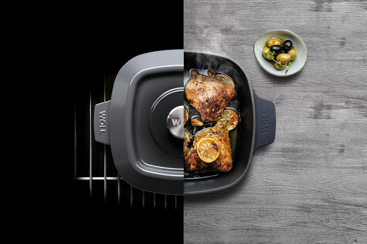 Woll Iron Grillpfanne viereckig mit Rillen, inkl. Steakpresse und Silikongriffen - Induktiv -, 28 x