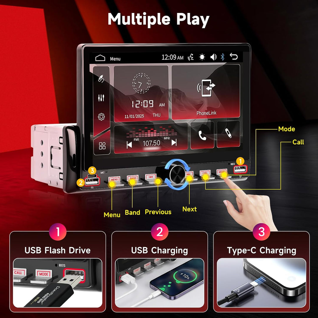 Hodozzy Autoradio 1 Din mit Bluetooth Bildschirm, 7 Zoll Touchscreen 1 Din MP5 Player mit Airplay, F