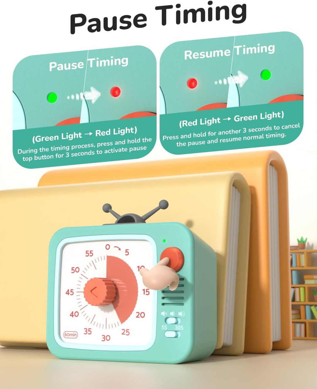 LIORQUE Visueller Timer Kinder mit Pausenfunktion 60 Min. Countdown Timer Weiss+grün, Weiss+grün