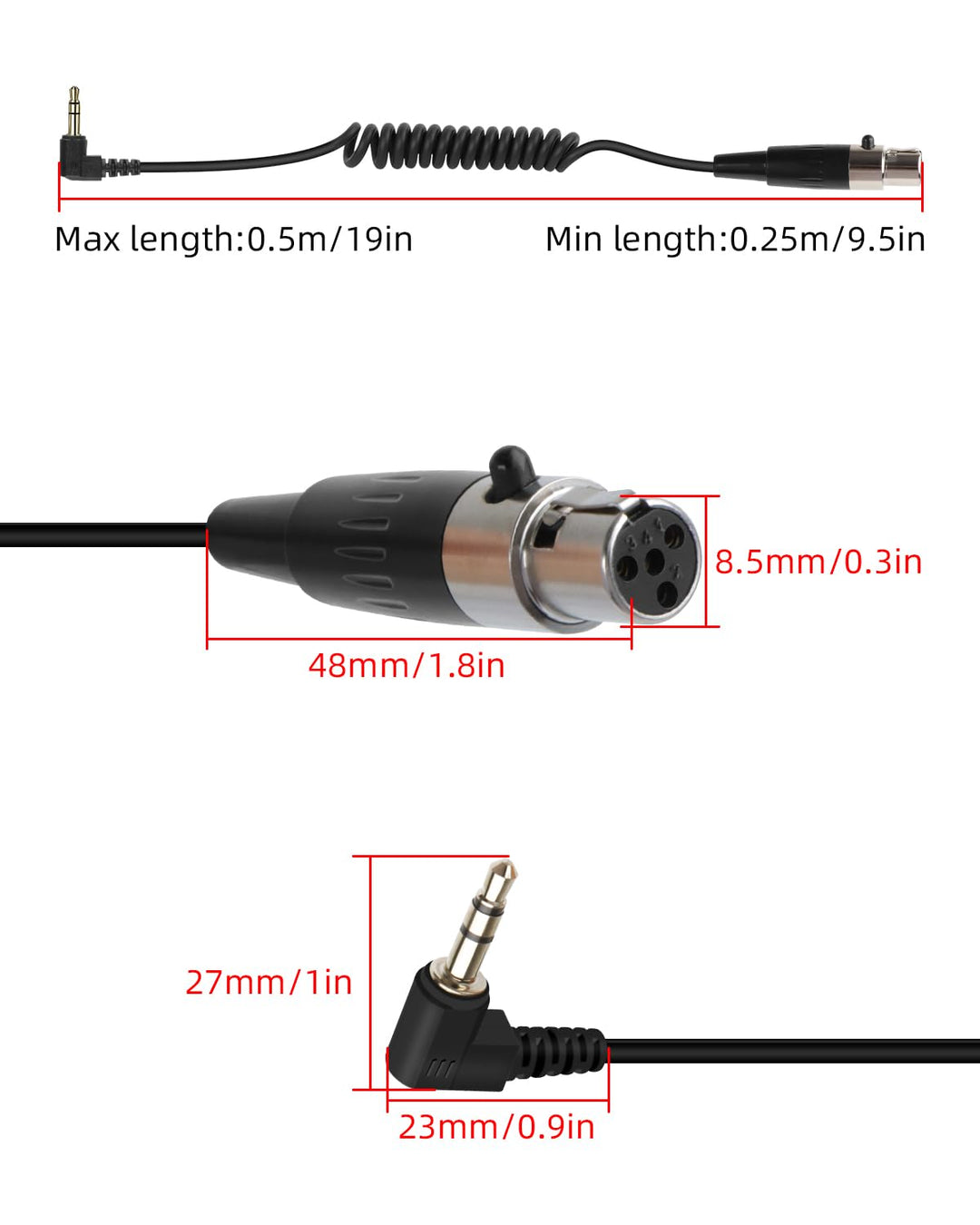 RIIEYOCA Mini XLR 4Pin zu 3.5mm TRS Spiralkabel Kurz, 90 Grad 1/8 Zoll Klinke TRS Stecker zu Mini XL