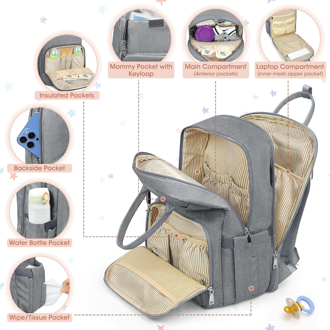 RAINSMORE Baby Wickelrucksack Gross Wickeltasche Rucksack mit Kinderwagengurten und Wickelunterlage