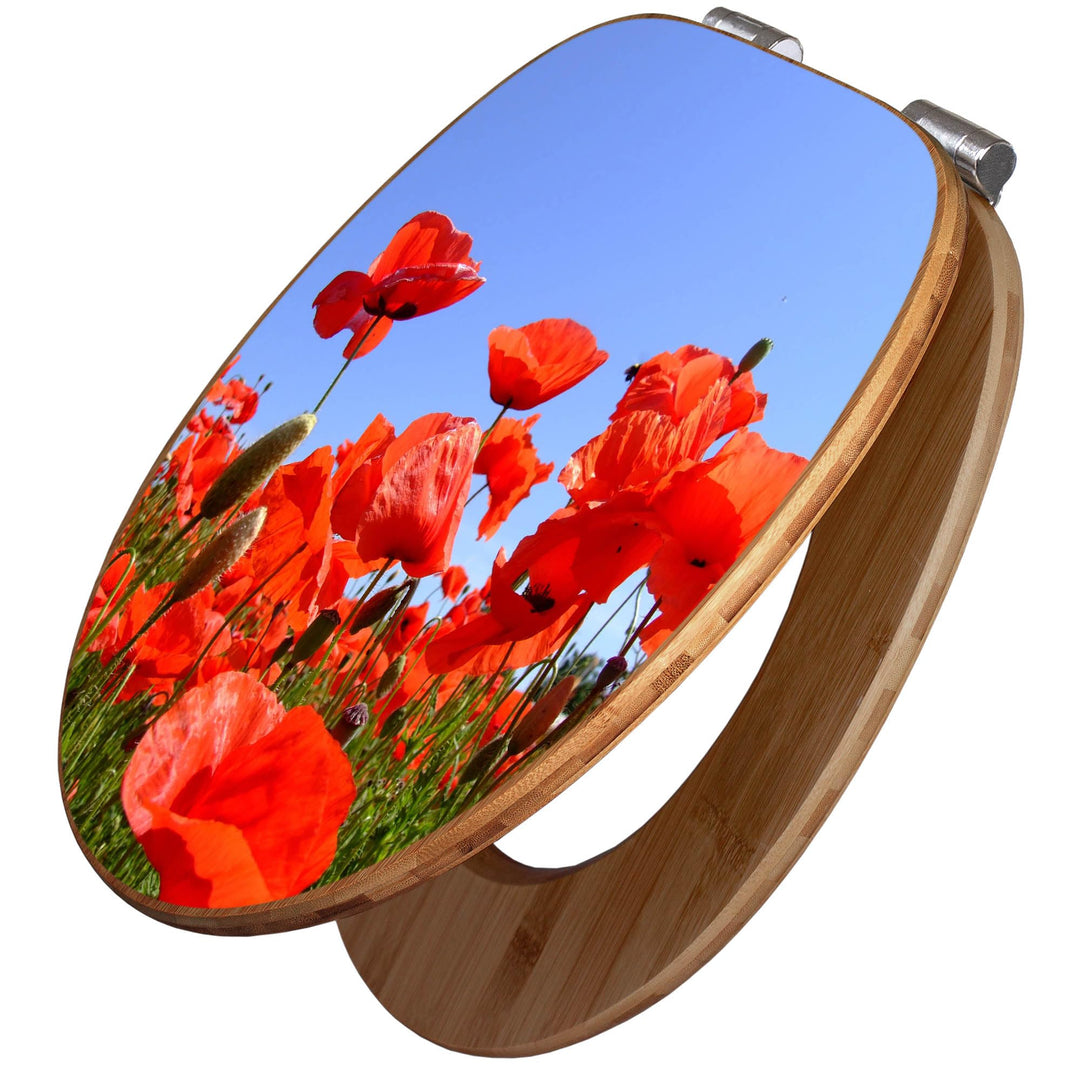 banjado® Design WC Sitz Bambus Absenkautomatik mit Motiv Mohnblumen/Toilettendeckel mit Absenkautoma