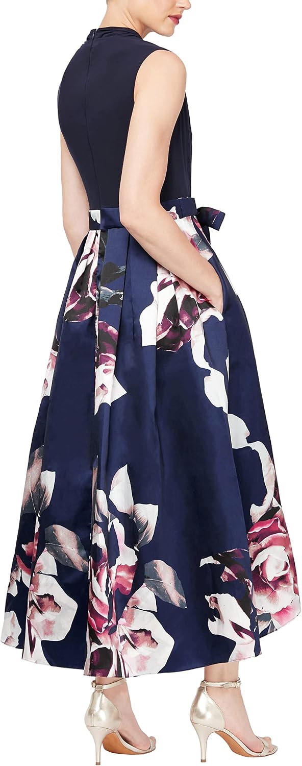 S.L. Fashions Damen Ärmelloses Jersey V-Ausschnitt und Blumenmuster und Taschen Kleid für besondere