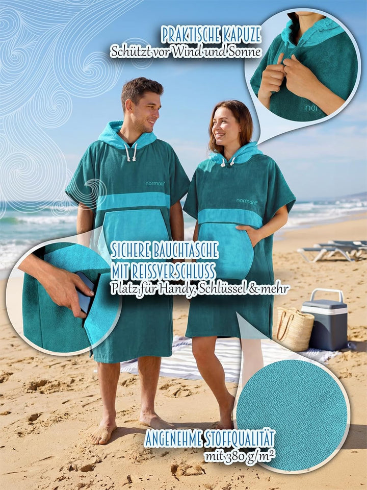 normani Baumwoll Surfer Poncho - Strandponcho - Handtuch-Poncho - Unisex Strand Umziehhilfe - geschl