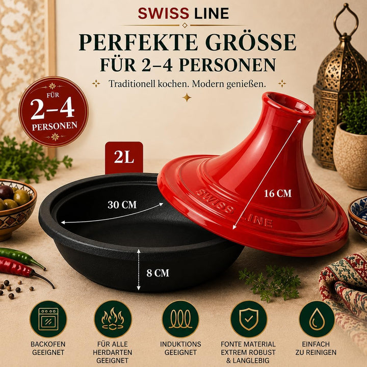 Swiss Line Tajine Topf 30 cm Gusseisen mit Keramikdeckel – Marokkanischer Schmortopf für 2–5 Persone