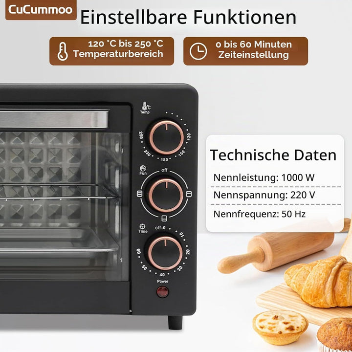 22 L Minibackofen, Mini Backofen mit Grillrost, Backblech vielseitiger Ofen mit einstellbarer Temper