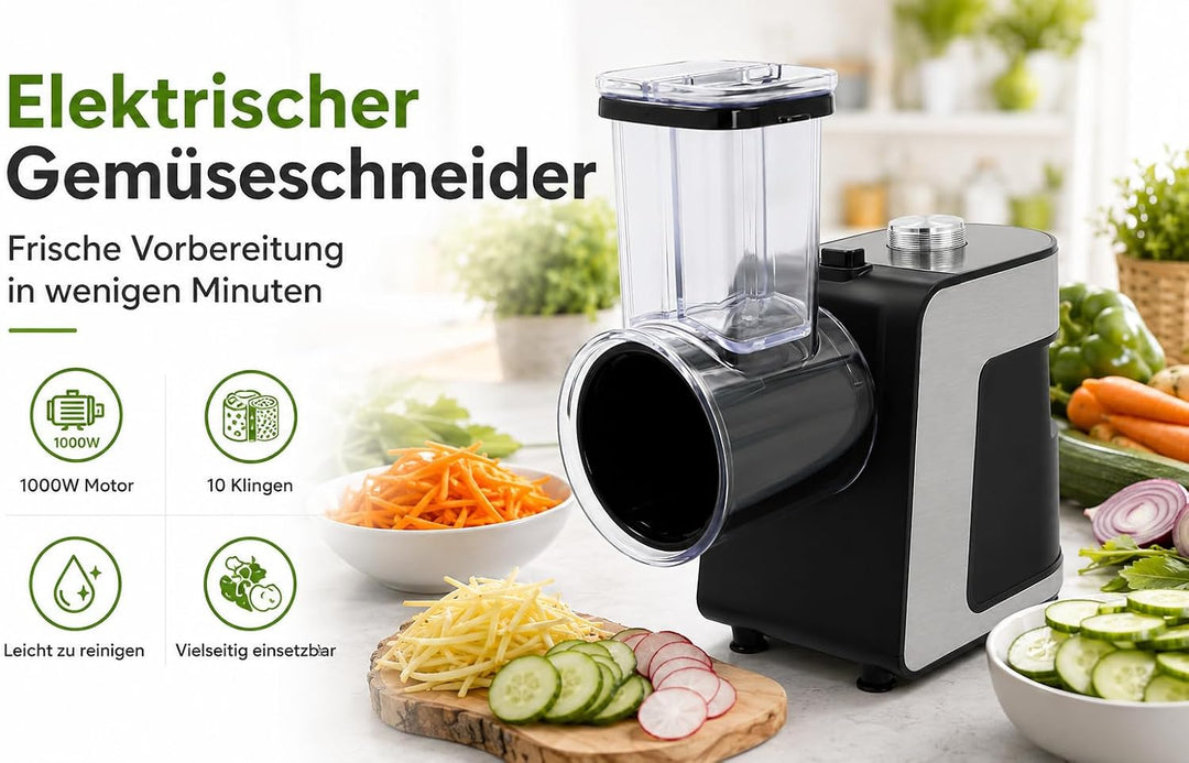 Elektrische Gemüsereibe, 1000 W, mit 10 Klingen aus Edelstahl, elektrischer Gemüseschneider für Karo