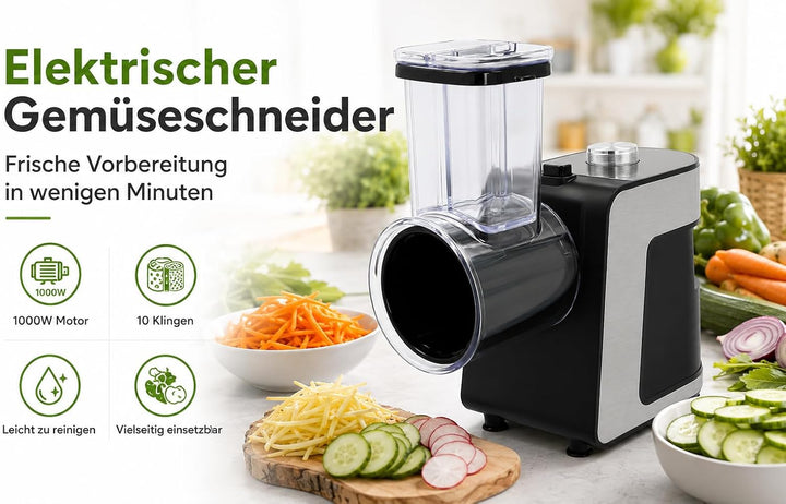 Elektrische Gemüsereibe, 1000 W, mit 10 Klingen aus Edelstahl, elektrischer Gemüseschneider für Karo