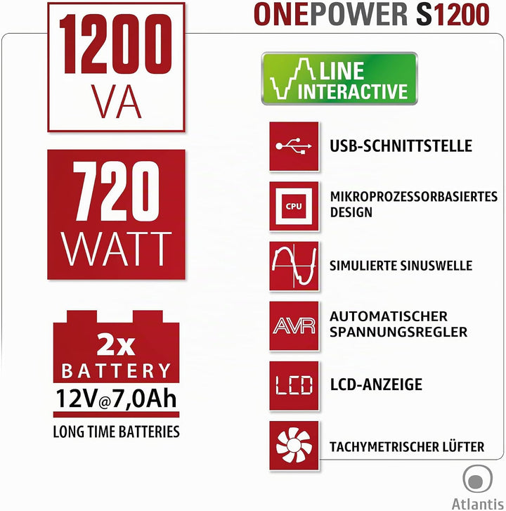 Atlantis OnePower 1200, USV Line Interactive 1200VA/700W, AVR, PseudoSinuswelle, 3 IEC-Steckdosen +