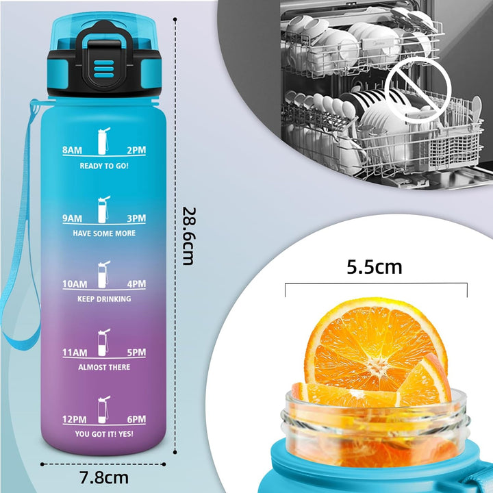 HoneyHolly Trinkflasche 1L, Zeitmarkierung, Wasserflasche, Auslaufsicher, Trinkflasche Sport, Wieder