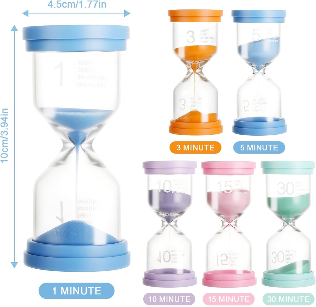 6 Stück Sanduhren Set – 1/3/5/10/15/30 Minuten Timer – Bunte Sanduhren in Macaron-Farben für Lernen,