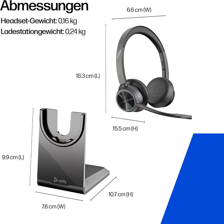 Schnurloses Poly Voyager 4320 UC-Headset und Ladestation – Stereo-Kopfhörer mit Noise Cancelling-Mik