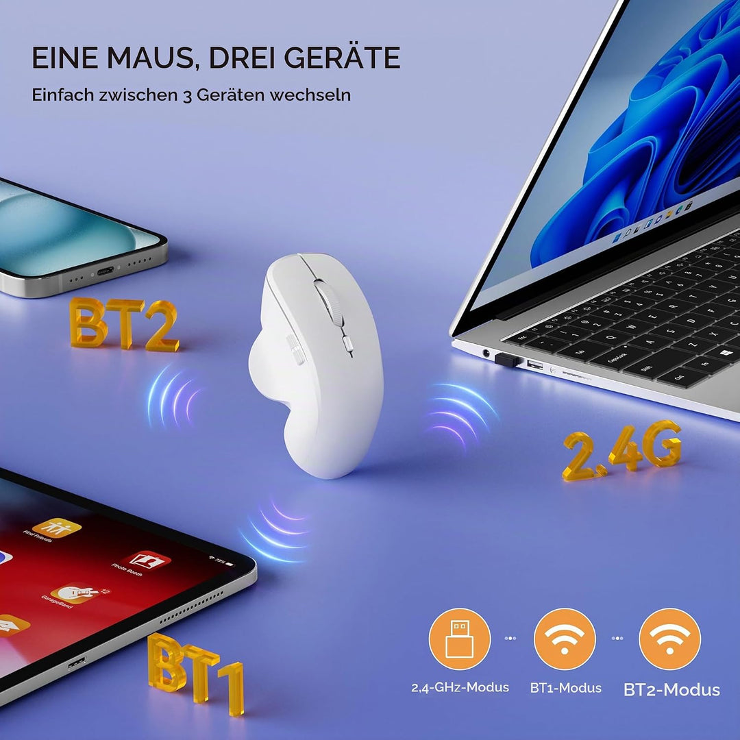 Uiosmuph Mini Bluetooth Maus kabellos, Leise Bluetooth Funkmaus (BT 5.0/5.1+2.4G), USB-C wiederaufla