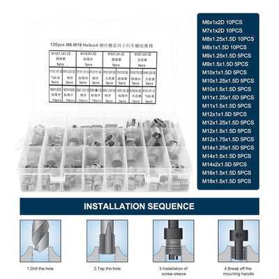 120 Stück Helicoils, M6 M7 M8 M9 M10 M11 M12 M14 M16 M18 Edelstahl Helicoil Typ Freilaufdrahtgewinde