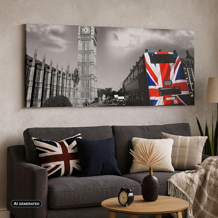 Panorama Bilder auf Leinwand 100x40cm Leinwandbild Bus London Big Ben Gebäude Gross Wanddeko Bild Sc