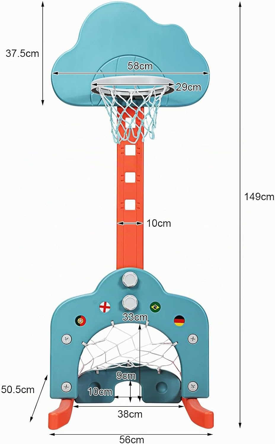 COSTWAY 3 in 1 Kinder Basketballkorb, Basketballständer höhenverstellbar mit Fussballtor &amp; Basketbal