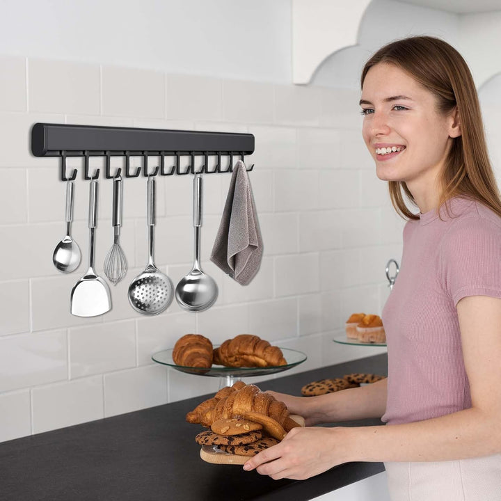 Hakenleiste Küche Ohne Bohren, 50CM Küchenleiste Selbstklebend mit 10 Beweglichen Haken, Küchenstang