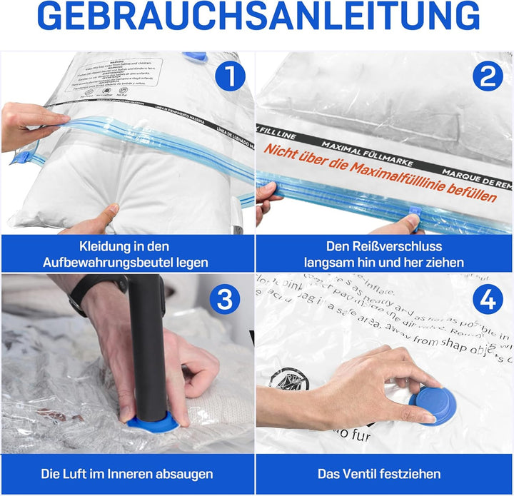 6 Stück Vakuumbeutel für Bettdecken 6 JUMBO (100 x 80cm), Vakuumierbeutel Kleidung, Vakuum Kleiderbe