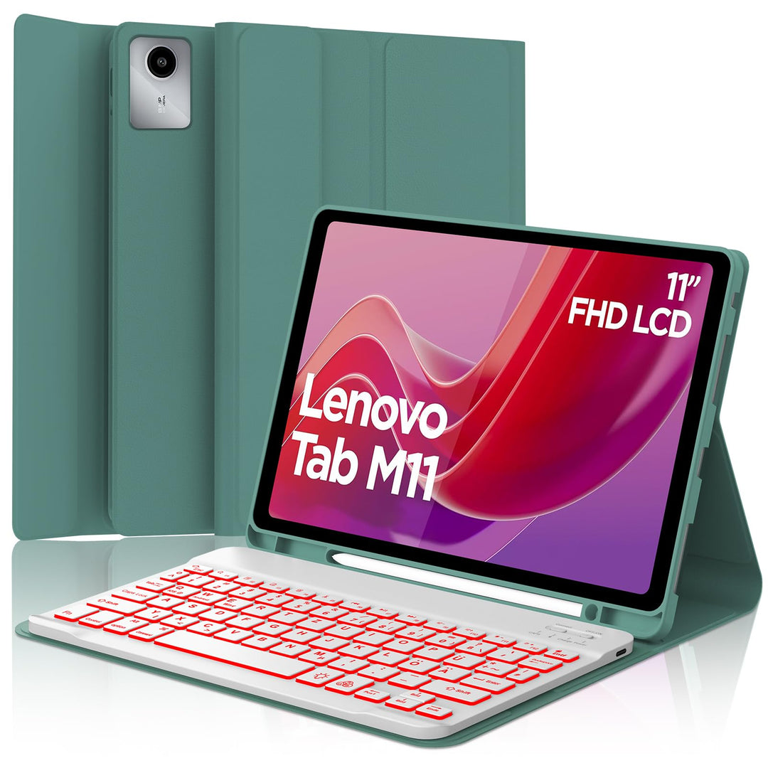 Tastatur Hülle für Lenovo Tab M11 2024, Deutsches QWERTZ, 7 Farben Beleuchtung Magnetisch Abnehmbare