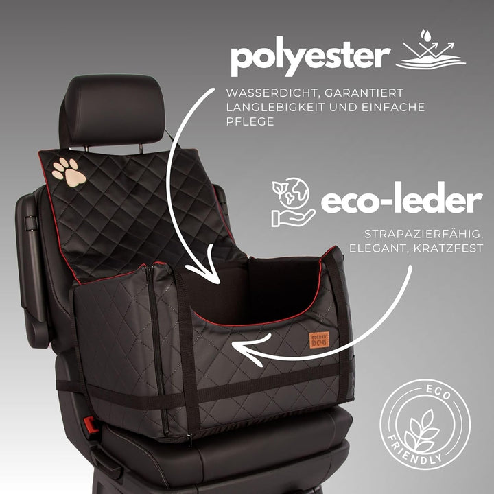 Golden Dog - Transportbox Hund mit Sicherheitsgurt S-45x35x33 cm - Leder Imitation Autositz Hund, Wa