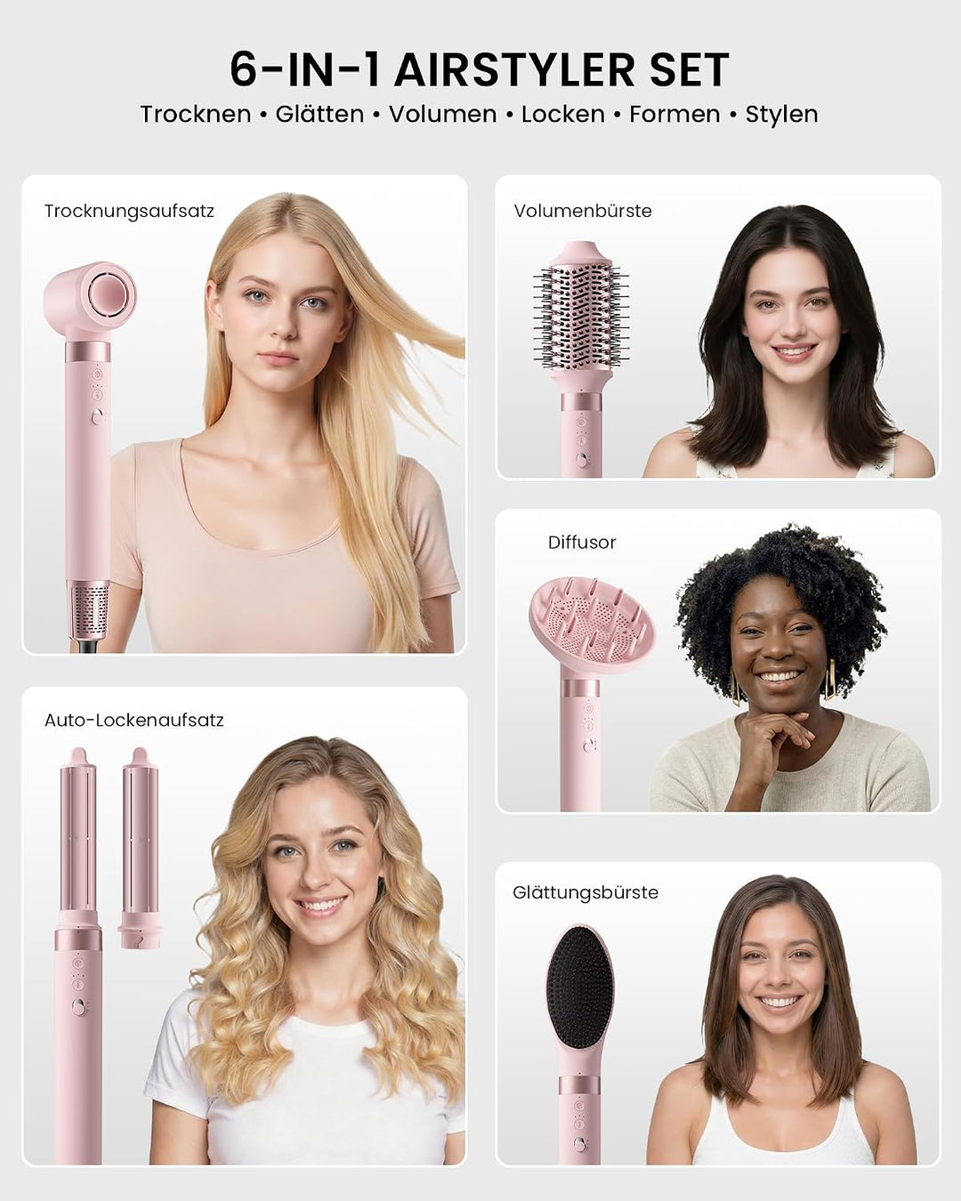 MESCOMB 6-in-1 Airstyler, Hairstyler mit Auto-Wrap Lockenstab &amp; Föhnbürste Rosa Perlato, Rosa Perlat