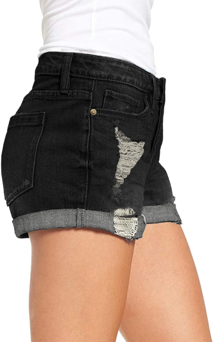Necooer Damen Casual Ripped Denim Shorts Mittlere Taille Kurze Jeanshose mit Taschen S Schwarz, S Sc